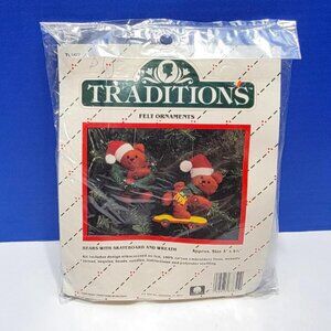 Vintage Traditions Felt Christmas Ornaments Kit Bears with Skateboard and Wreath